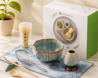 Handmade Japanese Matcha Tea Set – Petal Glazed Bowl & Bamboo Whisk