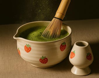 いちご抹茶セット：手描き陶器茶碗と竹製茶筅