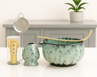 Ceramic Matcha Tea Set: Japanese Ceremony Kit with Bowl, Whisk & Scoop