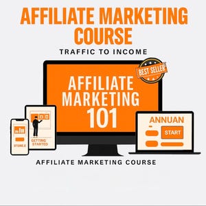 May include: An orange and black graphic promoting an affiliate marketing course. The text includes "Affiliate Marketing Course," "Traffic to Income," and "Affiliate Marketing 101." A "Best Seller" badge is displayed. Devices include a computer, tablet, and smartphone.