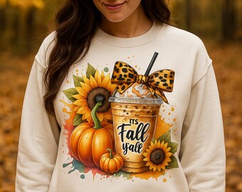 Café d'automne PNG | Citrouille épicée, motif léopard, motif tournesol | Sublimation de chemise d'automne