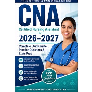 Pode incluir: Uma capa de guia de estudo CNA Certified Nursing Assistant 2026-2027 com texto azul em negrito, um estetoscópio e uma pessoa sorridente com uniforme médico azul. A capa inclui texto sobre preparação para exames e questões.