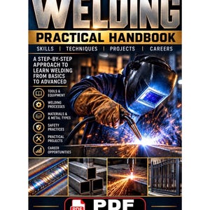 May include: A digital PDF handbook titled Welding Practical Handbook featuring a welder in protective gear and a helmet performing a weld. The cover includes text about skills, techniques, projects, and careers, along with icons and images of metalwork.