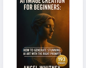 May include: Book cover with the title "AI Image Creation for Beginners" featuring a statue illustration. The book's subtitle reads "How to Generate Stunning AI Art with the Right Prompts." The author's name is Angel Whitney. The book has 193 pages.