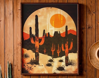 Lámina de arte mural rústico con cactus del desierto: decoración vintage del suroeste