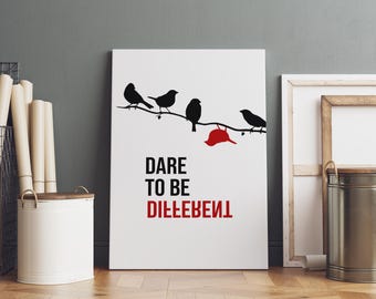 Arte mural "Atrévete a ser diferente", impresión minimalista en lienzo con diseño de pájaro