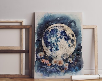 Puede incluir: Una pintura a la acuarela de una luna llena con una superficie detallada, sobre un fondo de cielo estrellado azul oscuro. La luna está rodeada de flores blancas y rosas y vegetación, creando un tema celestial y floral.