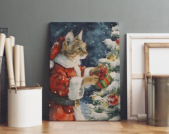 Santa Cat Watercolor Canvas Print, Christmas Pet Wall Art