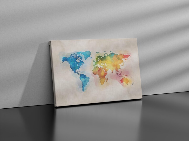 Colorful Watercolor World Map Canvas Wall Art - Etsy