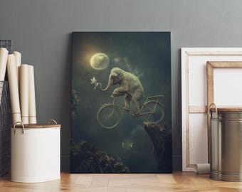 Surreal Elephant Canvas Art, Whimsical Bicycle Moon Decor