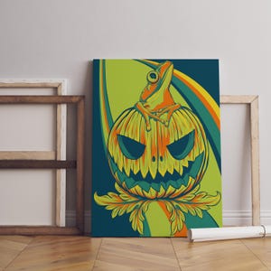 Halloween Pumpkin Frog Wall Art – Funky Pop Art Poster, Colorful Jack O Lantern Print, Spooky Modern Home Decor, Creepy Cute Artwork
