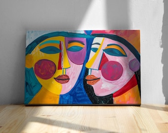 Abstract Cubist Faces – Colorful Couple Portrait Canvas Wall Art