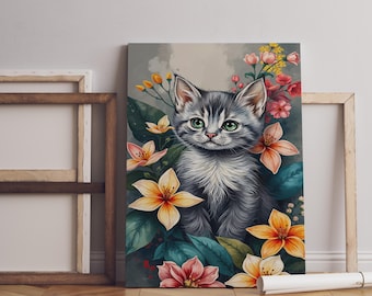 花柄の猫プリント 猫と蝶のアートプリント 猫の壁アート装飾 押し花