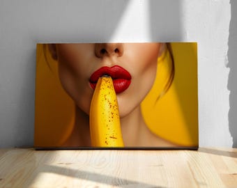 Toile pop art moderne, art mural lèvres rouges et banane, décoration jaune tendance
