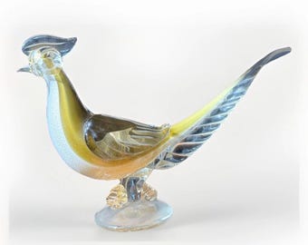 Vintage Alfredo Barbini Murano handgeblazen glazen vogelsculptuur met aventurijngoudvlokken
