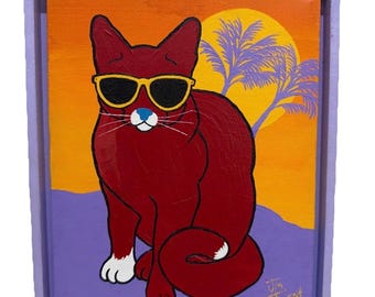 ORIGINEEL Jim Tweedy Red Cat #76 1993 "Caribbean Cat" + handtekening kunstenaar met doodle ondertekend ingelijst