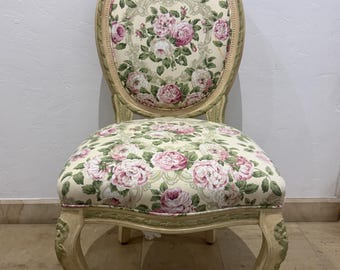 Vintage French Louis XVI Style Painted Oval Back Accent Chair Floral