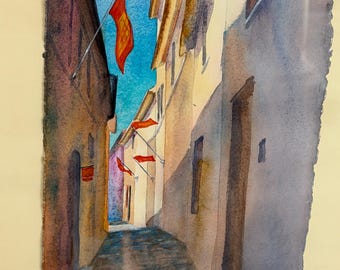 Vintage ONDERTEKENDE Katherine L Wright Italiaanse "In Alto" ingelijste aquarel met handgeschreven notitie