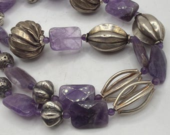 Vintage 925 sterlingzilver en amethist ketting met grote kralen van 11,5 inch