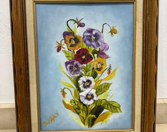 Gesigneerde vintage viooltjes impressionistisch origineel olieverfschilderij, houten frame bloemsierkunst