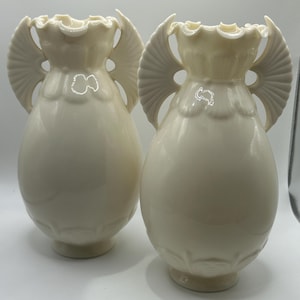 Rare Vintage White Porcelain Lenox Vase With Intricate Wing Design, Stamp and Scalloped Edges.
