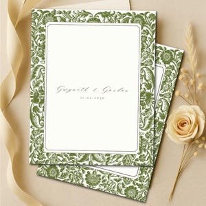 May include: Wedding invitation cards with a green floral design border. The cards have a white center with the names "Gwyneth & Gordon" and the date "11.02.2030" printed on them. The words "Optional Back Design Included" are also visible.