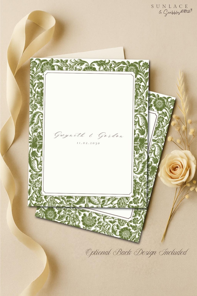 May include: Wedding invitation cards with a green floral design border. The cards have a white center with the names "Gwyneth & Gordon" and the date "11.02.2030" printed on them. The words "Optional Back Design Included" are also visible.