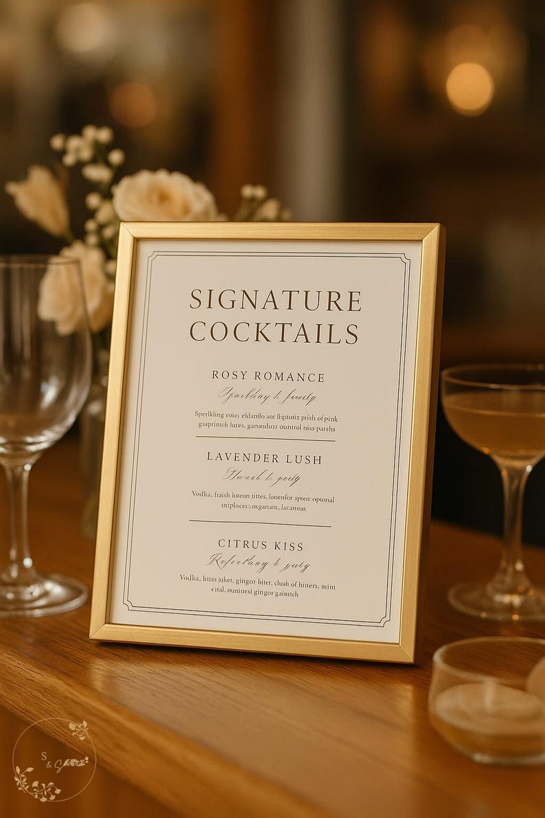 May include: A gold-framed sign with the words "SIGNATURE COCKTAILS" in elegant lettering. Below, three cocktail names are listed: Rosy Romance, Lavender Lush, and Citrus Kiss. The sign is on a wooden surface.
