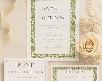 Puede incluir: Conjunto de invitaciones de boda con invitación principal, tarjeta RSVP y tarjeta de detalles. El diseño incluye un borde floral verde y tipografía elegante. Un sello de cera dorado y rosas color crema completan el conjunto.