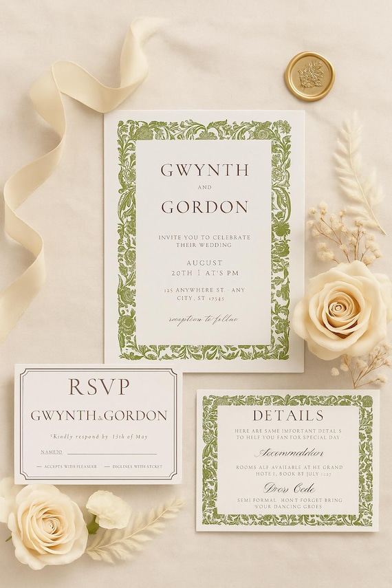 Vintage Green Floral Wedding Suite Template: Elegant Botanical Garden Stationary Design (Customizable Digital Download)