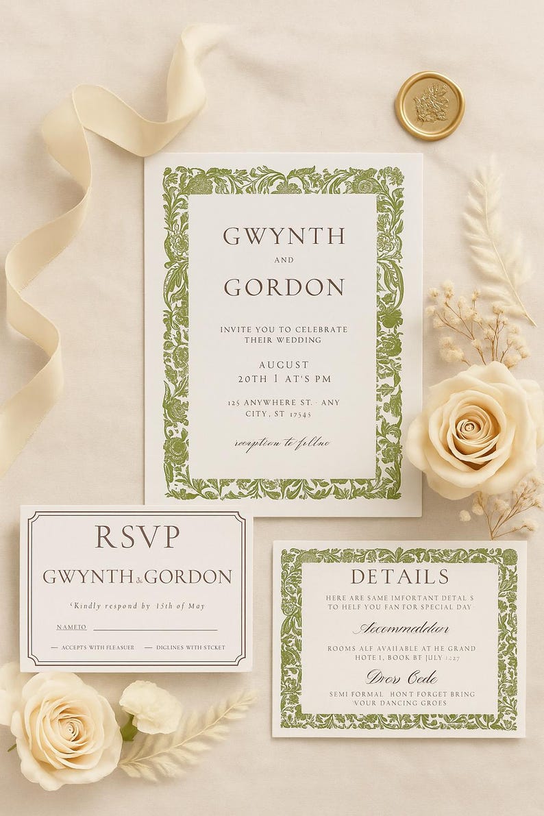 May include: Wedding invitation suite featuring a main invitation, RSVP card, and details card. The design includes a green floral border and elegant typography. A gold wax seal and cream-colored roses add to the aesthetic.