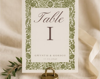 Vintage Green Floral Wedding Table Numbers: Botanical Reception Hosting Decor Template (Digital Download)