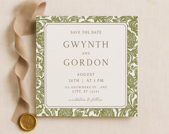 Vintage Green Floral Save the Date: Square Botanical Wedding Card Canva Template (Customizable Digital Download)