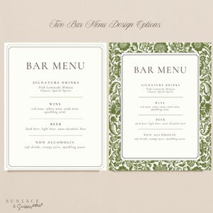 May include: Two bar menu design options. The image shows two bar menu designs. The left menu has a simple border, while the right menu has a green floral border. Both menus list signature drinks, wine, beer, and non-alcoholic options.
