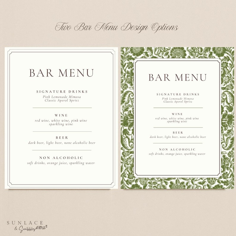 May include: Two bar menu design options. The image shows two bar menu designs. The left menu has a simple border, while the right menu has a green floral border. Both menus list signature drinks, wine, beer, and non-alcoholic options.