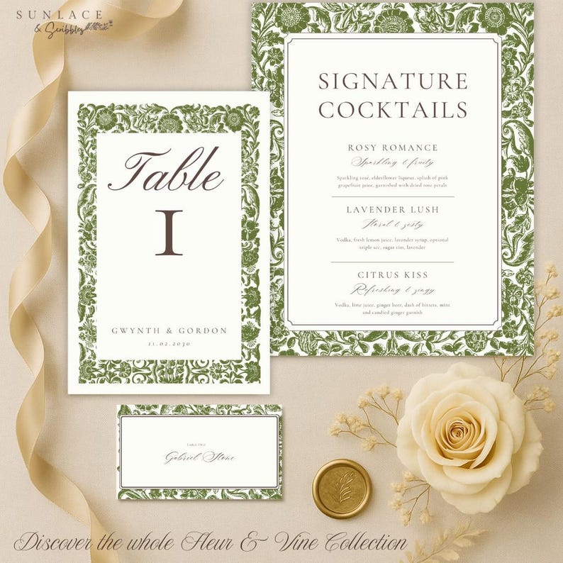 May include: Wedding stationery set with a floral design in green and cream. Includes a table number card, signature cocktail menu, and place card. The text includes "Table I", "Signature Cocktails", and "Discover the whole Fleur & Vine Collection".