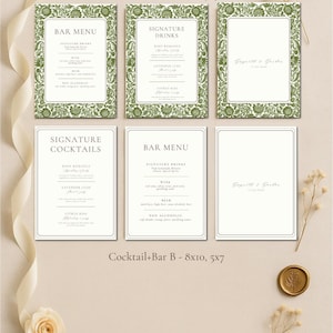 May include: A collection of wedding bar menus and signature drink signs. The signs are white with a green floral border and black text. The text includes "Bar Menu" and "Signature Drinks". The signs are 8x10 inches and 5x7 inches.