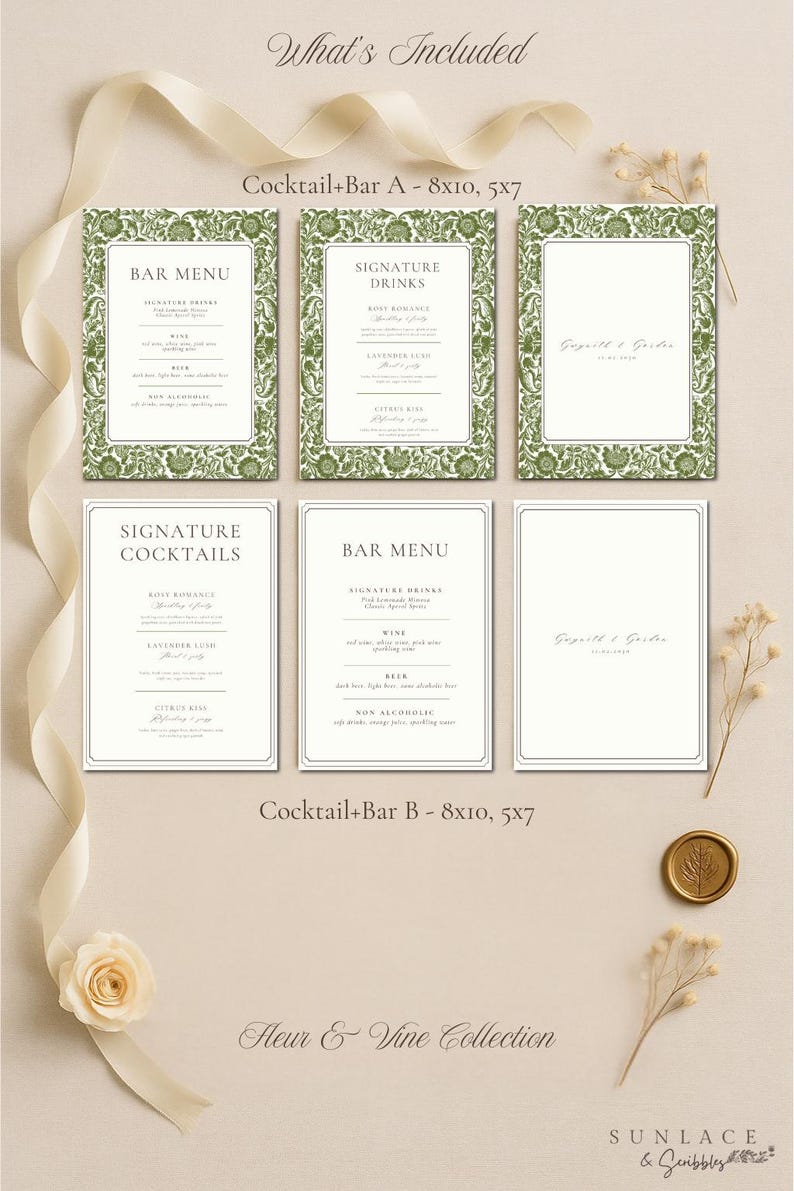 May include: A collection of wedding bar menus and signature drink signs. The signs are white with a green floral border and black text. The text includes "Bar Menu" and "Signature Drinks". The signs are 8x10 inches and 5x7 inches.