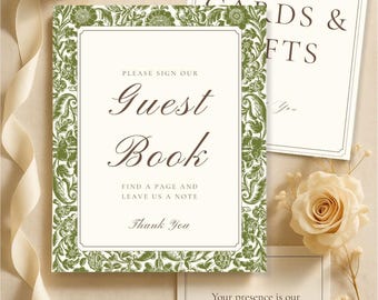 Vintage Green Floral Wedding Guest Book/Gifts & Cards Sign: Reception Table Templates (Digital Download)