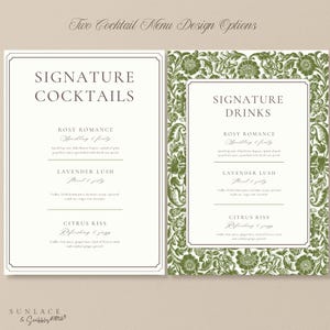 May include: Two cocktail menu design options. The image shows two menu designs with the text "Signature Cocktails" and "Signature Drinks". The menus list cocktail names like "Rosy Romance", "Lavender Lush", and "Citrus Kiss". The design includes floral borders.