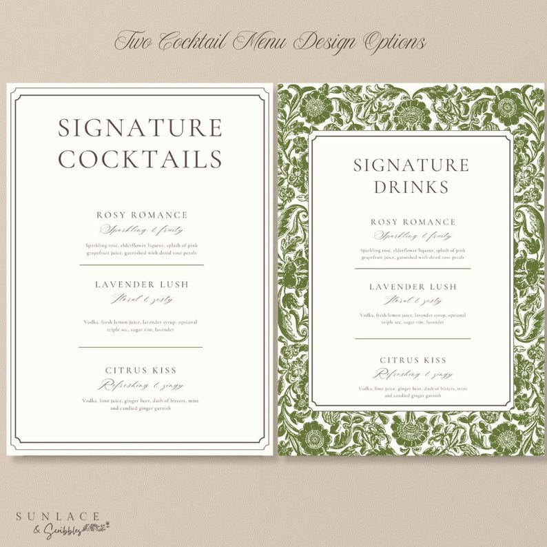 May include: Two cocktail menu design options. The image shows two menu designs with the text "Signature Cocktails" and "Signature Drinks". The menus list cocktail names like "Rosy Romance", "Lavender Lush", and "Citrus Kiss". The design includes floral borders.