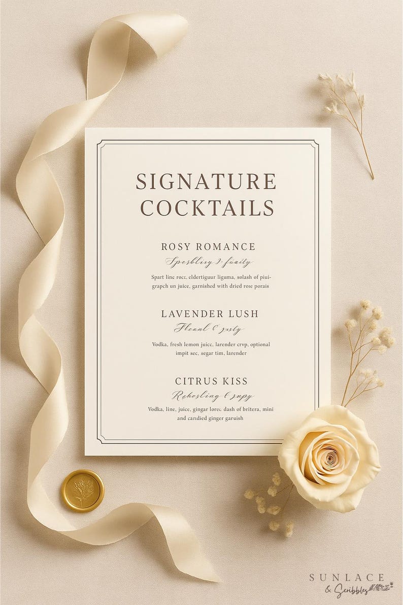 May include: A cream-colored cocktail menu with the words "Signature Cocktails" at the top. The menu features three cocktail recipes: Rosy Romance, Lavender Lush, and Citrus Kiss. A cream-colored ribbon, a gold wax seal, and a white rose are also present.