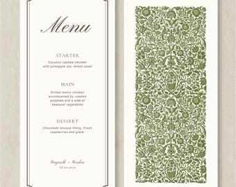 Timeless Wedding Reception Menu Template: Vintage Green Floral Dinner Party Card (Digital Download)