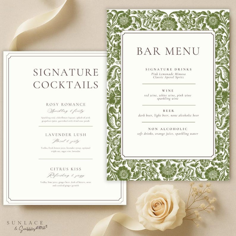 May include: Two elegant wedding signs. One reads "Signature Cocktails" with drink descriptions. The other is a "Bar Menu" with drink categories. Both have a white background with a green floral border and text.