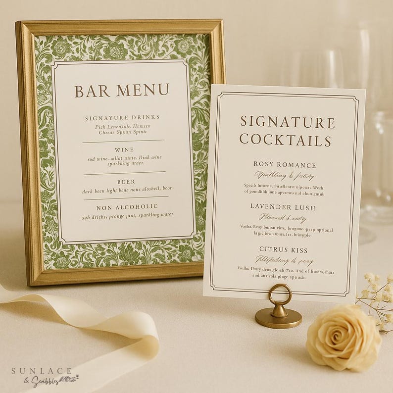 May include: A gold-framed bar menu and a signature cocktail menu. The bar menu lists drinks, including wine and beer. The cocktail menu features drinks like Rosy Romance and Lavender Lush. A gold stand holds the cocktail menu.