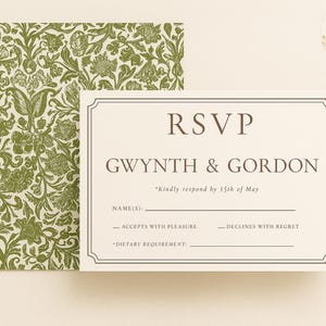 May include: An RSVP card with the names Gwynth & Gordon, featuring a decorative border and text. The card is accompanied by an envelope with a green floral pattern. The text includes prompts for name, acceptance, and dietary requirements.