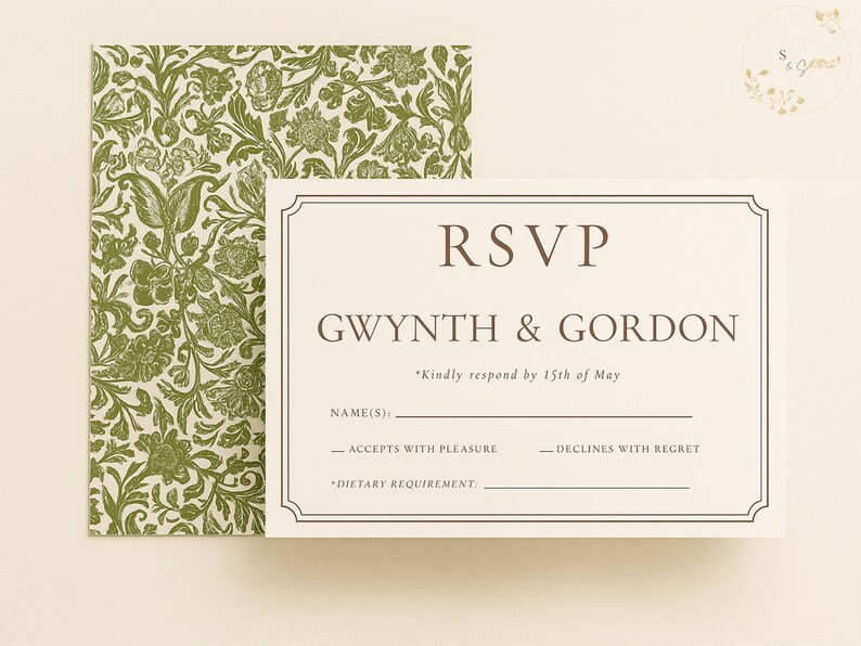 May include: An RSVP card with the names Gwynth & Gordon, featuring a decorative border and text. The card is accompanied by an envelope with a green floral pattern. The text includes prompts for name, acceptance, and dietary requirements.