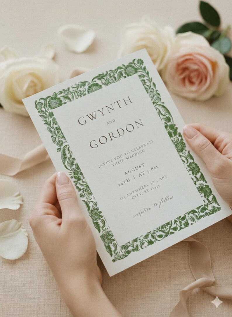 May include: A wedding invitation held by hands, featuring the names "Gwynth and Gordon" in a serif font. The invitation has a green floral border and includes the date, time, and location of the wedding. Soft pink and white roses are in the background.