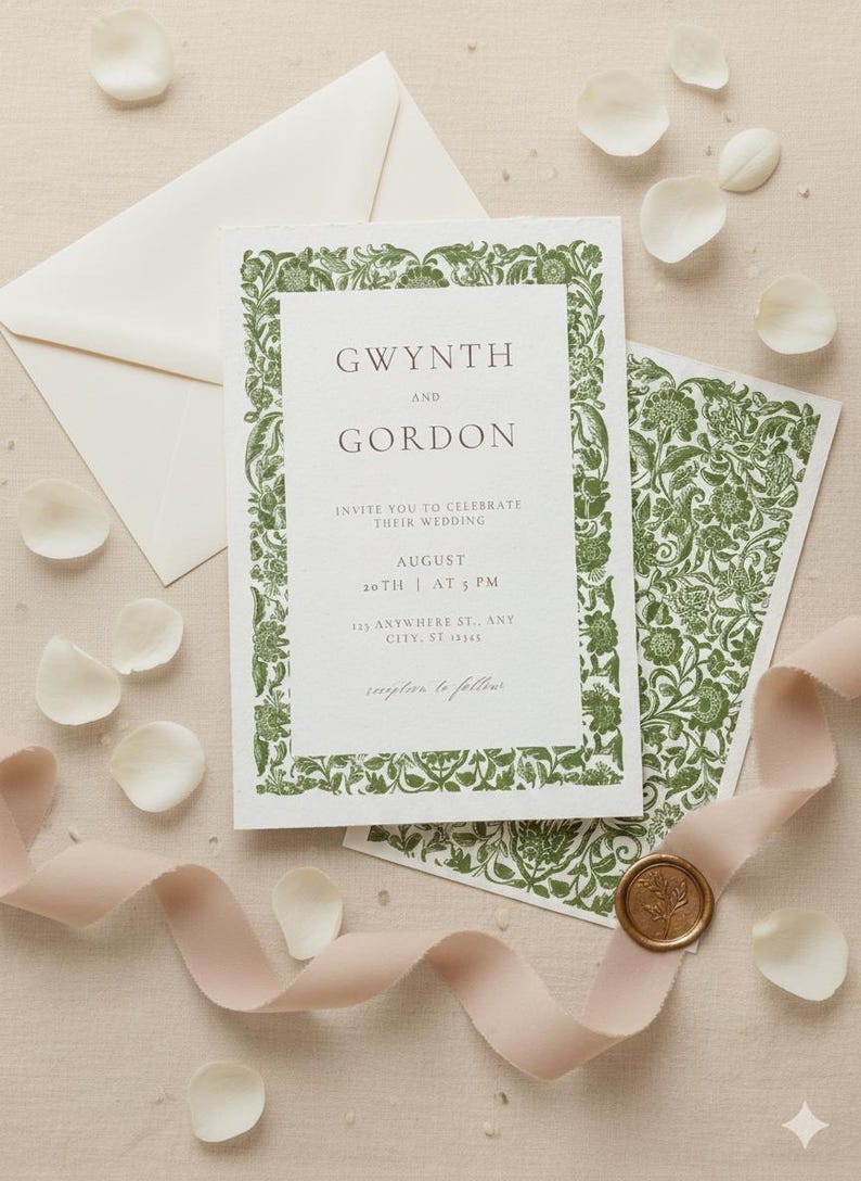 May include: Wedding invitation with a green floral border and the names "Gwynth and Gordon" printed in a serif font. The invitation includes the date, time, and location of the wedding. An envelope, a patterned card, a ribbon, and a wax seal are also visible.