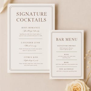 May include: Two rectangular menu cards with brown text on a cream background. The larger card reads "Signature Cocktails" with drink names and ingredients. The smaller card says "Bar Menu" with drink categories and options.